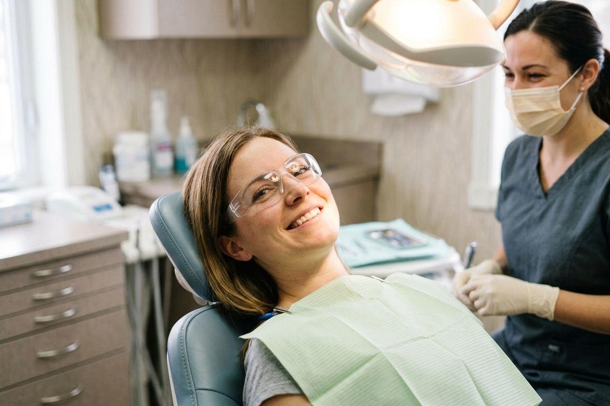 Patient souriant portant des lunettes de protection, allongé dans un fauteuil dentaire à côté d’un dentiste masqué portant des gants.